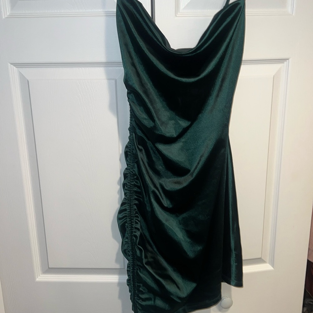 Emerald satin dress size large. Ruched side. Worn once.